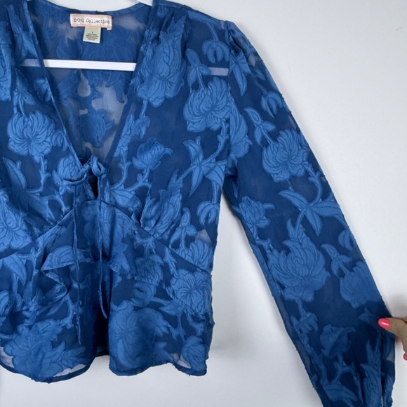 B-O-G COLLECTIVE Bright Blue Floral Semi Sheer Ruffles Top / Size Small - Picture 2 of 14